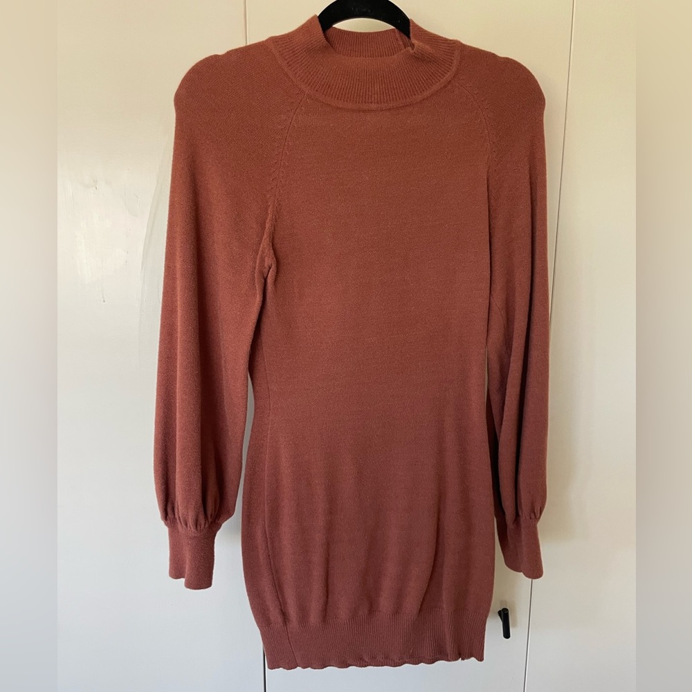 Exlura NWT Burnt Orange Ribbed Mock Neck Sweater Mini Dress S Balloon Sleeve
